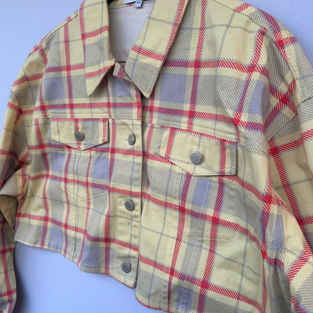 WeWoreWhat Plaid Cropped Jacket XS Yellow Red Cotton Shacket Utility Style - Picture 11 of 13